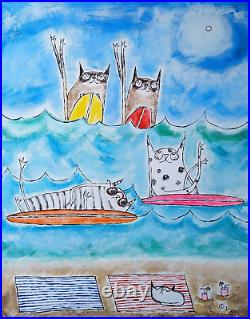 Abstract Cat Painting Original Beach Surf Siamese Folk Art by Samantha McLean