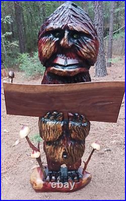 Chainsaw Carving Big Foot Wood Carving Sasquatch Mushroom Custom Sign Holder 3FT