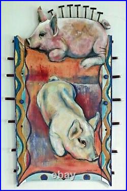 Early Warren Long Original Oil on Thick Wood Pigs at Rest Signed Painting