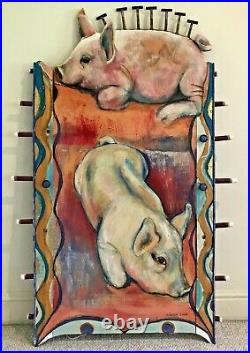 Early Warren Long Original Oil on Thick Wood Pigs at Rest Signed Painting