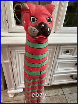 Large 39 Vintage Folk Art Polychrome Hand Painted Wood Cat Statue (ca. 1960)