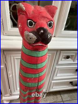 Large 39 Vintage Folk Art Polychrome Hand Painted Wood Cat Statue (ca. 1960)