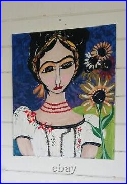 ORIGINAL PAINTING Frida Kahlo Spring. Flowers 20x24 Large Canvas folk art